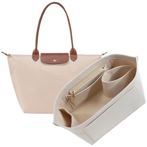 Purse Organizer Insert for Longchamp Le Pliage L Tote Bag, Felt Lightweight Long Champ Large Tote Divider Shaper with Cup Holder,Zipper Bags Inner Linner with 8 Deepened Pockets,L/Beige - color: Beige, size: L Tote Bag (Long Handle)