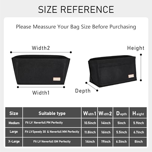 Purse Organizer Insert, Tote Bag Organizer Insert with Base Shaper,Felt Zipper Handbag Inner Dividers Compatible with Neverfull MM Speedy 30 and More,Black/L - color: Black, size: L
