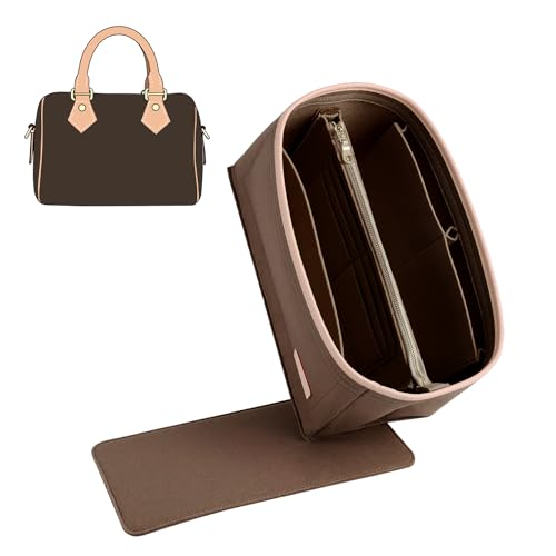 Purse Organizer Insert Compatible with LV Speedy 25 Bag Insert,Premium Felt Lightweight 25 Bag Organizer with Base Shaper, Tote Handbag Inner Divider Purse Accessories with Zipper Pocket,Brown - color: Brown, size: Speedy 25