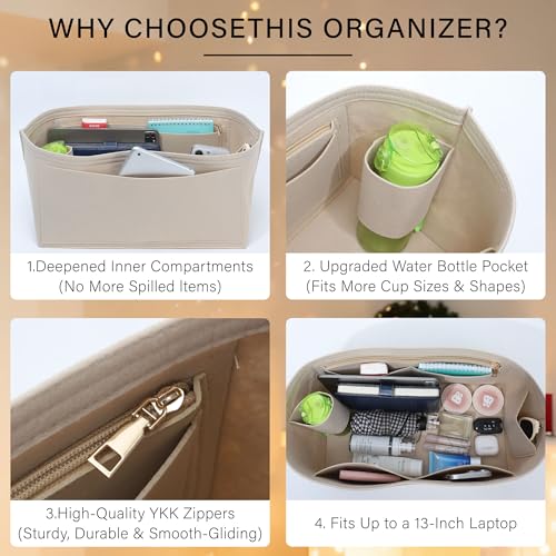 Purse Organizer Insert for Longchamp Le Pliage L Travel Tote Bag, Felt Lightweight Large Travel Tote Divider Shaper with Cup Holder,Zipper Bags Inner Linner with 9 Deepened Pockets,L/Beige - color: Beige, size: L Travel Bag