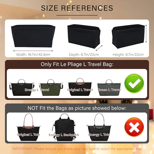 Purse Organizer Insert for Longchamp Le Pliage L Travel Tote Bag, Felt Lightweight Large Travel Tote Divider Shaper with Cup Holder,Zipper Bags Inner Linner with 9 Deepened Pockets,L/Black - color: Black, size: L Travel Bag