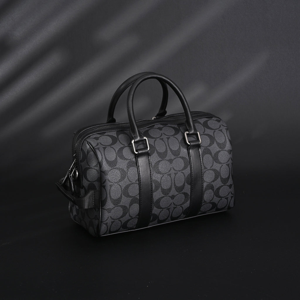 Coach Signature Duffel Bag – Black Monogram Canvas with Leather Trim
